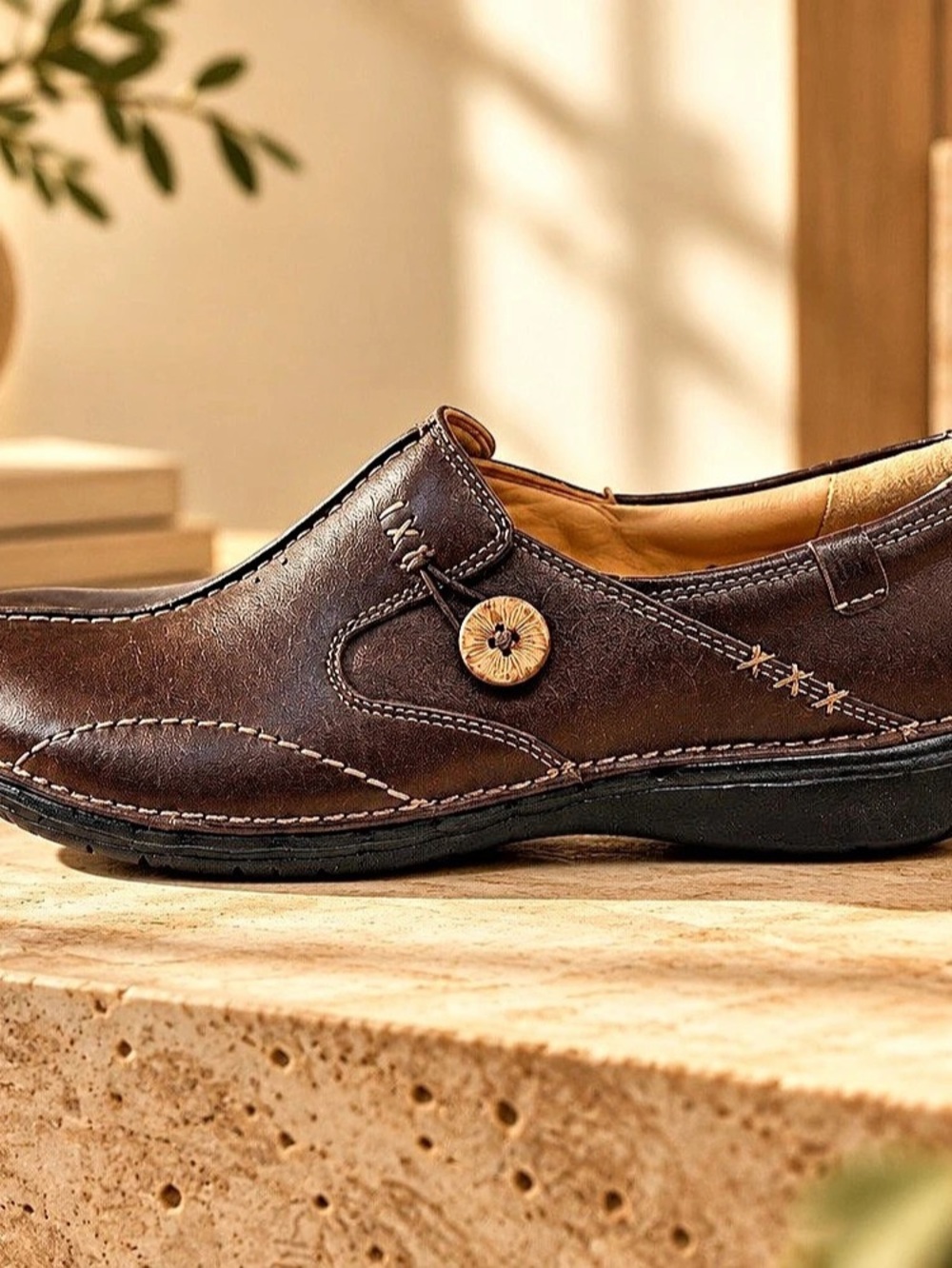 Unstructured Clarks Womens 7N Brown Leather SlipOn Comfort Loafers Button Accent
